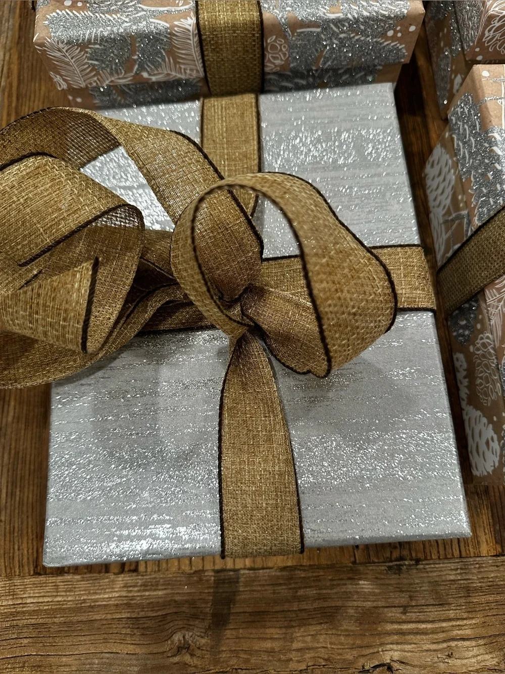 Rustic Brown & Silver Gift Boxes with Brown Ribbon - Home Party Supplies
